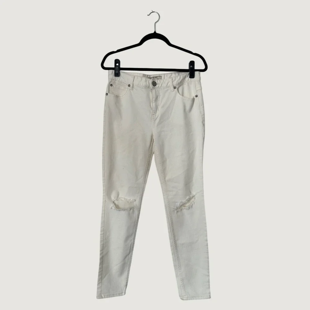 Free People Jeans Womens SZ 29 White Mid Rise Slim Fit Distressed Stretch Denim